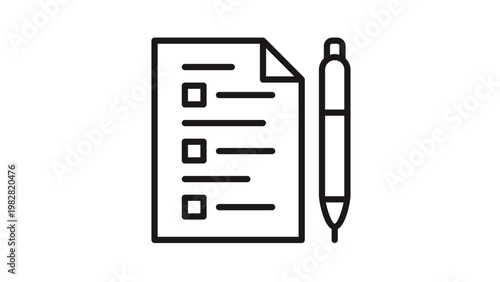 Checklist and Pen Vector Icon Illustration. Minimalist black line art symbol of a document with checkboxes and a ballpoint pen for survey, test, exam, application, feedback, or to-do list.