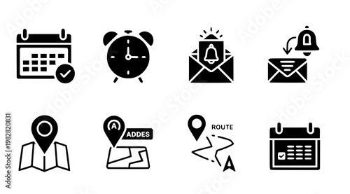 Collection of black glyph icons representing time communication and location