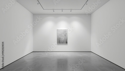 Minimalist art gallery interior, white cube space, single painting on wall, track lighting, exhibition.-gigapixel