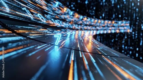 Futuristic digital tunnel with glowing neon lines and numbers speeding by