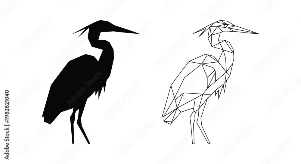 Obraz premium Herons, bird silhouettes, geometric illustrations, black and white vector icons, wildlife graphics