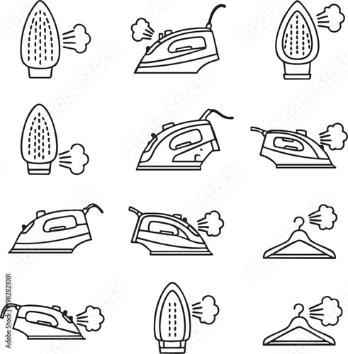 Illustrations of ironing tools and their steam functions in various positions