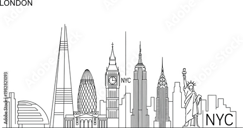 Detailed line art illustration showing iconic architectural landmarks from both the bustling city of London and vibrant New York City