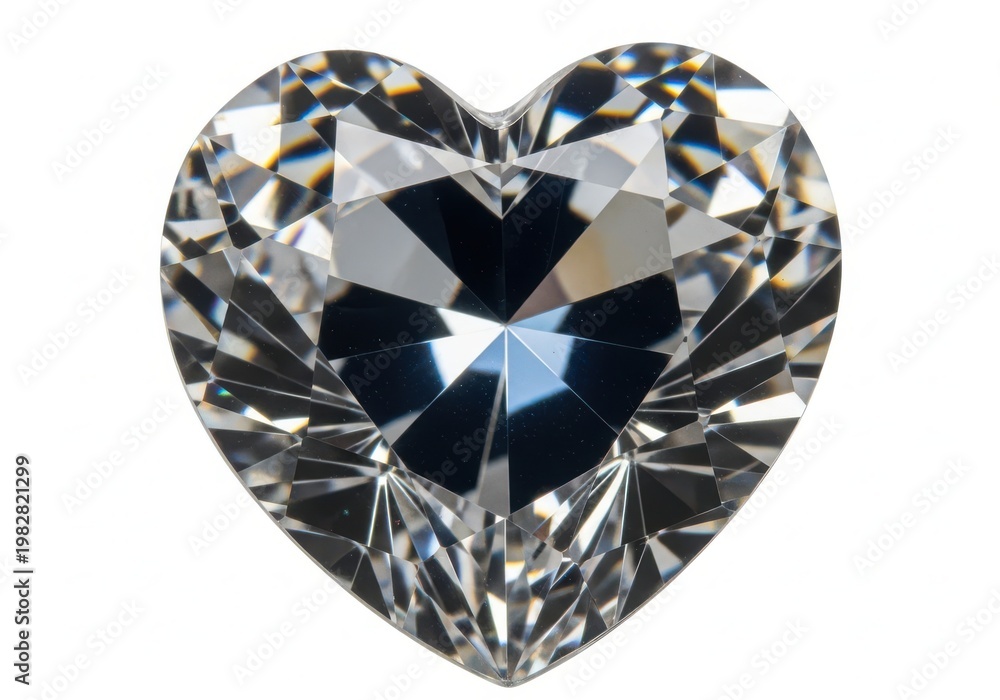 Fototapeta premium A large heart-shaped diamond with many facets glimmers brightly on a white background