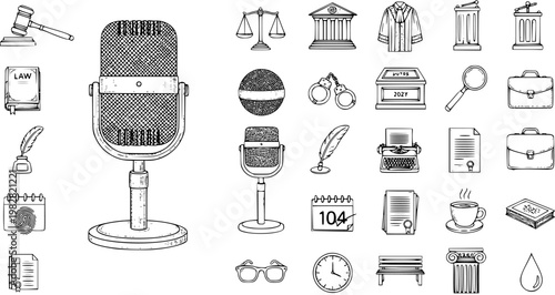 Hand-drawn Law, Justice, and Media Icons Set. Sketch Collection of Legal, Courtroom, and Podcast Symbols for Advocacy and Broadcasting Concepts.