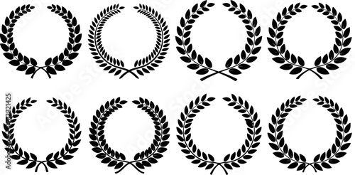 Vintage laurel wreath vector set, 8 black heraldic leaf wreaths for awards and logos, classic victory olive branch circular frames