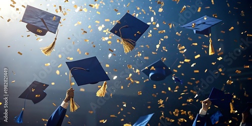 Graduation caps tossed in air with confetti celebration throwing caps graduation