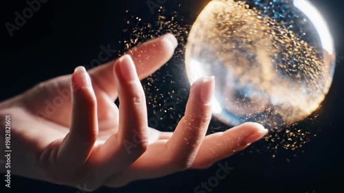 A hand cradles a glowing, transparent orb with a world inside