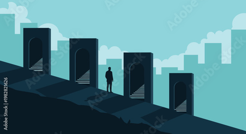 Silhouette of a man standing before several open stone doors on a slope that reveal stairs leading upwards.