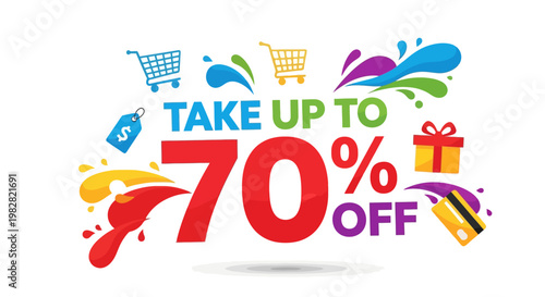 Take Up To 70% Off Sale Banner with Shopping Cart, Gift Box, Credit Card and Price Tag