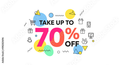 Take Up To 70% Off Sale Banner with Shopping Icons and Geometric Shapes