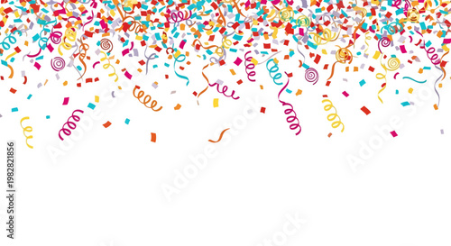 Colorful confetti and ribbons fall against a white background