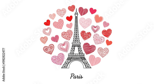 The Eiffel Tower stands tall in Paris surrounded by floating hearts.