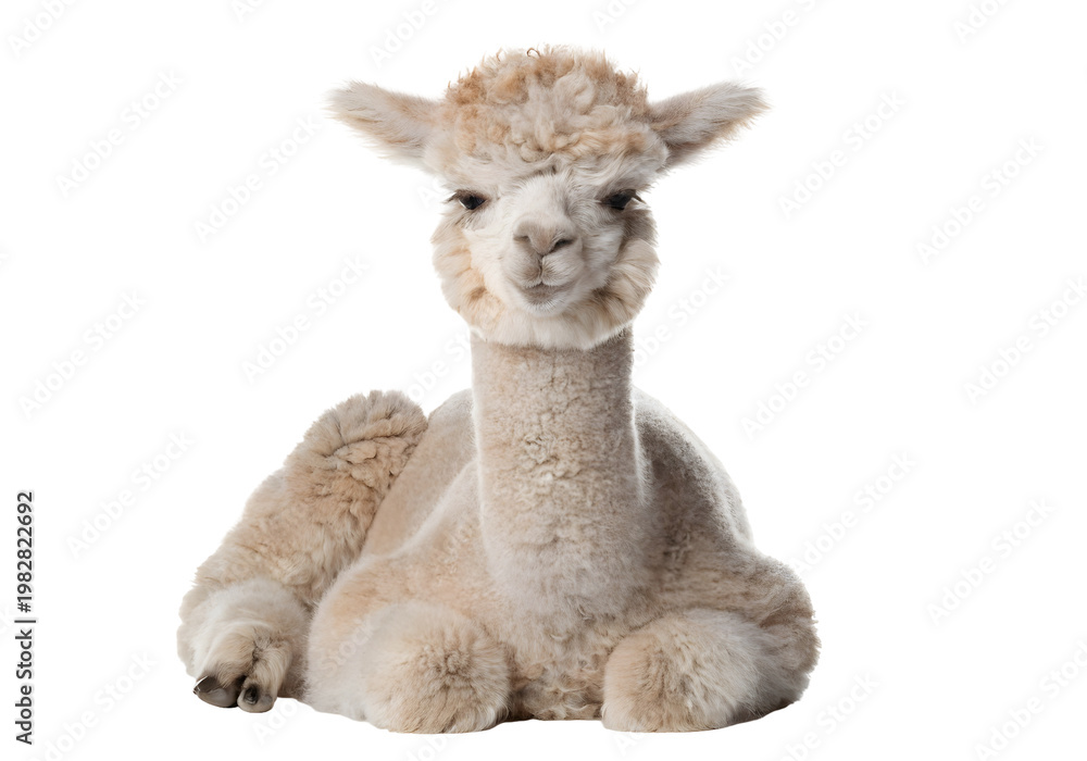Fototapeta premium Fluffy baby alpaca resting with gentle expression isolated on transparent background