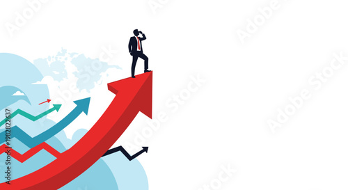 Professional businessman standing at the tip of a large red upward pointing arrow looking through a telescope.