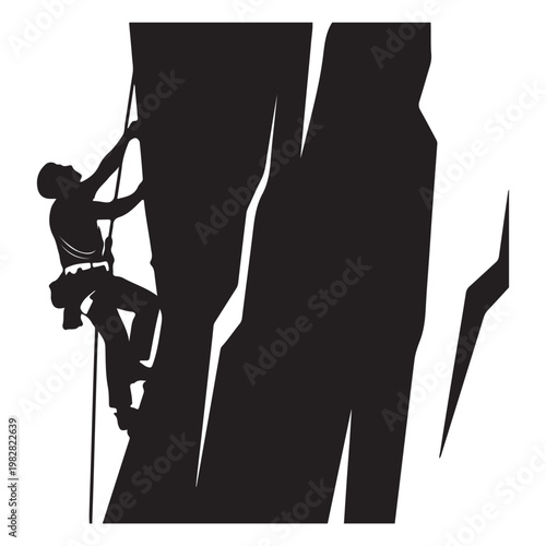 Rock climber silhouette ascending a cliff face with climbing