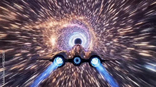 A futuristic spaceship hurtles through a vibrant, swirling tunnel of light and color