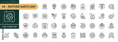 A collection of Mother Earth Day icons set with editable stroke, including save water, save the planet, no plastic, eco home. Thin linear vector illustration.