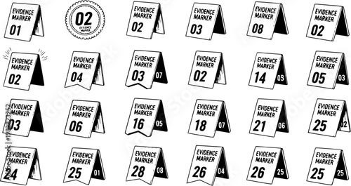 Black and white line art vector set of crime scene evidence markers. Police forensic investigation tools for law enforcement, criminal justice, and detective work.