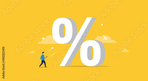 Focused businessman walking toward a giant white percentage symbol on a yellow background symbolizing financial profit and interest rate growth.
