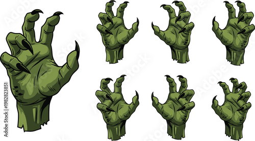 Green Zombie Hand Claw Illustration Set Featuring Creepy Monster Hands, Horror Undead Fingers, and Scary Halloween Elements in Detailed Vector Style.