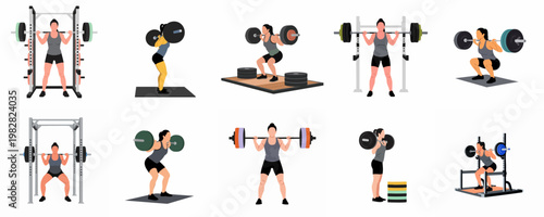 Flat Vector Illustrations of a Strong Woman Performing Barbell Squats in Various Gym Settings and Poses