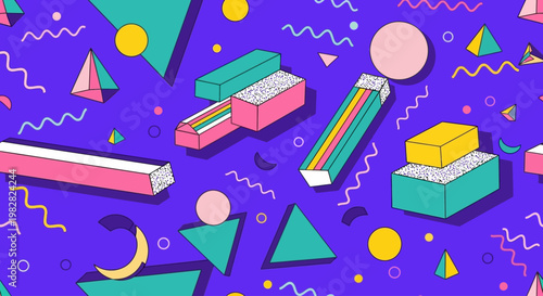Vibrant geometric shapes float on a purple background in a lively digital illustration.