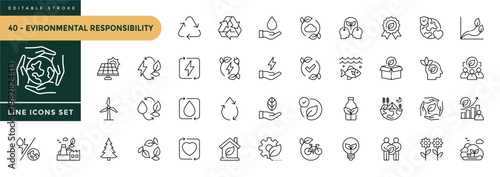 A collection of Environmental Responsibility icons set with editable stroke, including recycling, renewable resources, Sustainability, eco-friendly, green energy. Thin linear vector illustration.