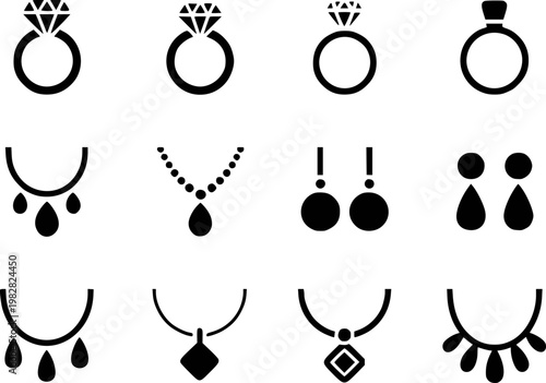 Collection of black jewelry including diamond rings necklaces and earrings