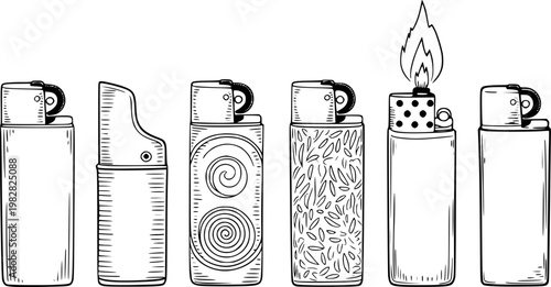 Collection of hand-drawn lighters, with flame, a white background, fire tool