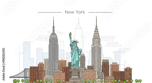 The Statue of Liberty stands tall amidst the New York City skyline at dusk with iconic buildings