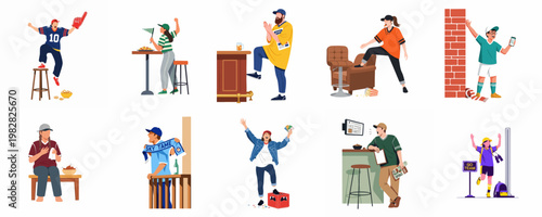 Set of flat vector illustrations featuring diverse sports fans cheering, celebrating, and expressing emotions while watching games in various locations.