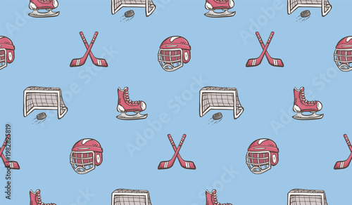 Ice hockey doodle background. Hockey equipment pattern background. Winter sport seamless pattern for kids. Hand drawn seamless pattern of skates, helmet, goal post, jersey, puck, stick.