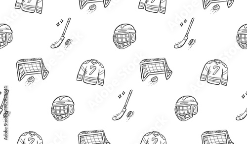 Ice hockey doodle background. Hockey equipment pattern background. Winter sport seamless pattern for kids. Hand drawn seamless pattern of skates, helmet, goal post, jersey, puck, stick.