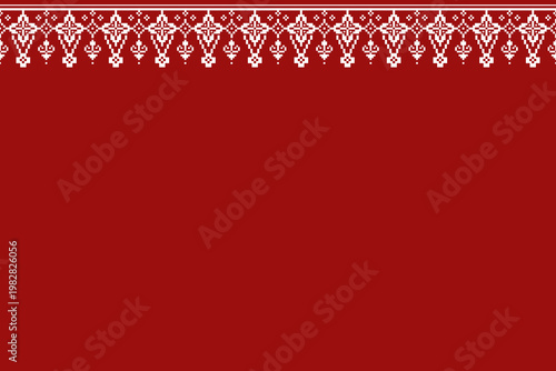 Top border with connected diamond ornaments and hanging pixel drops forming a continuous chain. Red background with structured repetition and decorative rhythm in a traditional textile layout.