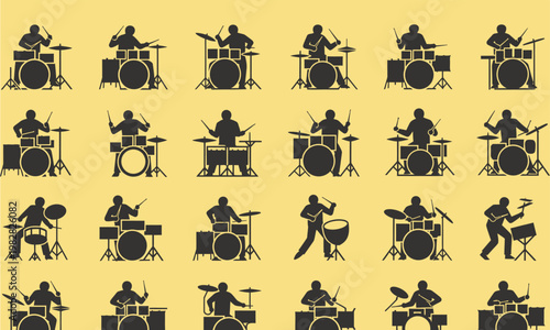 Silhouettes of drummers playing drums.