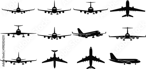 Collection of airplane silhouettes from front side and top views vector aviation icons set isolated for travel transport design projects