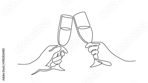 Champagne glasses clinking with hands holding a toast in minimal line art for celebration background illustration