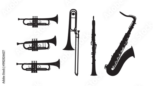 Trumpet and saxophone instruments set with black silhouettes, brass details, and musical note style design elements