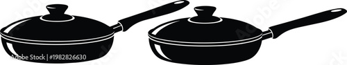 Frying pan with lid silhouettes, kitchen cookware vector illustration, cooking utensils isolated on clean background, modern kitchen equipment design