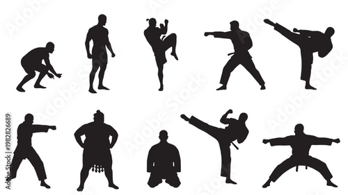 Martial arts fighter silhouette set with defensive and striking stances, athletic poses, and combat training icons