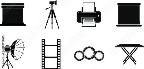 Photography and video production equipment vector set, studio backdrop camera tripod printer film and lighting icons isolated on white