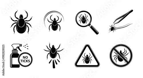 Black and white tick icons set for pest control and warning