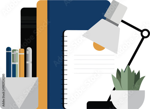 Desk objects with lamp and plant during study or work Vector Illustration