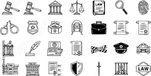 Set of Hand-Drawn Law and Justice Icons: Legal System, Crime, Court, Police, and Investigation Symbols