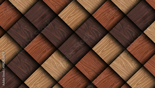 Elegant 3d interlocking wooden tile pattern with varying brown textures and shades