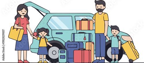 An illustrated family of four, parents and two children, prepares for a vacation road trip with luggage.