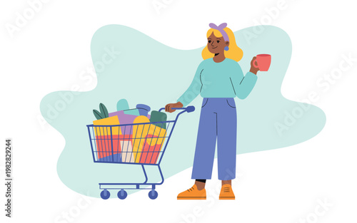 A cartoon woman pushing a shopping cart filled with colorful groceries and holding a phone