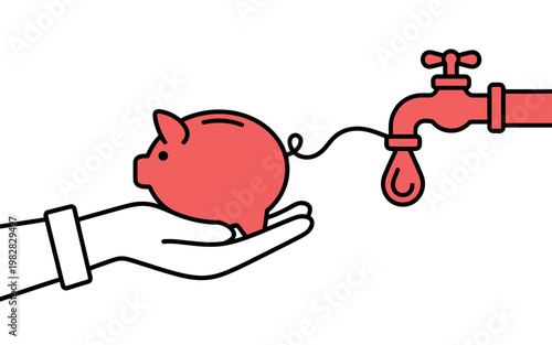 A hand holding a piggy bank with a dripping faucet in the background.