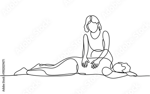 A minimalist line drawing of a woman reclining peacefully on the ground